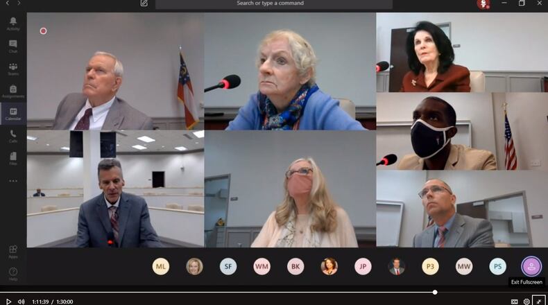 Gwinnett County Schools CFO Joe Heffron (bottom left) presents the Fiscal Year 2021 budget to (counterclockwise) Superintendent J. Alvin Wilbanks, Board Chair Louise Radloff, District 3 Board Member Mary Kay Murphy, District 4 Board Member Everton Blair, District 2 Board Member Steve Knudsen and Board Vice Chair Carole Boyce. The board voted unanimously to adopt the tentative $2.3 million budget. MICROSOFT TEAMS SCREENSHOT