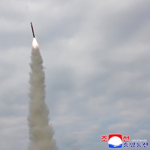 This photo provided by North Korean government shows what it says a test of a sea-to-surface cruise missile at an undisclosed place in North Korea, Tuesday, Oct. 28, 2025. Independent journalists were not given access to cover the event depicted in this image distributed by the North Korean government. The content of this image is as provided and cannot be independently verified. Korean language watermark on image as provided by source reads: "KCNA" which is the abbreviation for Korean Central News Agency. (Korean Central News Agency/Korea News Service via AP)