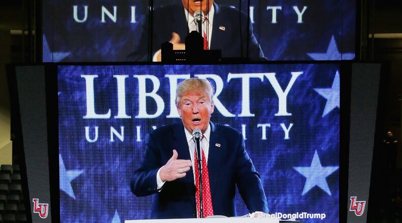 Republican presidential candidate Donald Trump delivers the convocation at the Vines Center on the campus of Liberty University on Monday in Lynchburg, Va. Chip Somodevilla/Getty Images