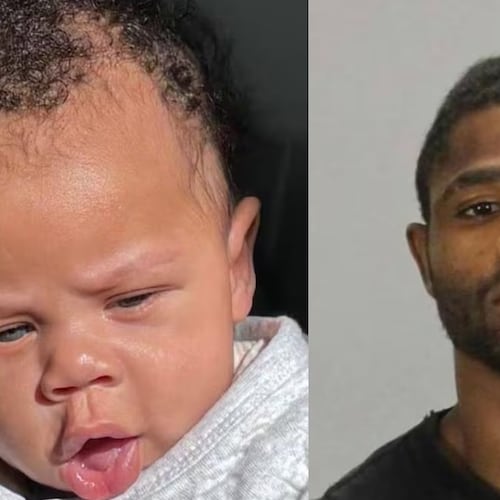 Tariq Denzell Williams (left) is accused of abducting his 2-month-old boy, Roman Williams, in Clayton County and was last seen traveling in a Volkswagen Passat, police said. (Clayton County Police Department)