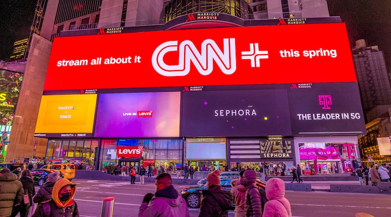 An advertisement for CNN Plus appears on a digital billboard in Times Square in New York. MUST CREDIT: CNN