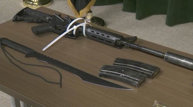 Weapons found on a Georgia man when he was arrested at a train station in California, officials said. (Credit: Channel 2 Action News)