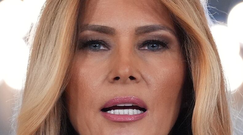 First lady Melania Trump speaks to reporters Thursday, April 9, 2026, in the Grand Foyer of the White House in Washington. (AP Photo/Jacquelyn Martin)