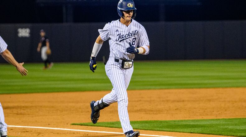 Georgia Tech's Tim Borden rounds third base after hitting a home run against Georgia in the Yellow Jackets' 11-7 win over the Bulldogs March 4, 2022 at Russ Chandler Stadium. (Danny Karnik/Georgia Tech Athletics)