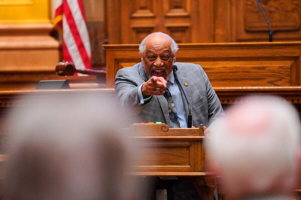 State Sen. David Lucas, D- Macon, responds directly to the comments of state Sen. Max Burns, R- Sylvania during a heated debate on HB127, a bill that prevents public schools, local education agencies, and public postsecondary institutions that receive state funds from promoting, supporting, or maintaining any programs or activities that advocate for diversity, equity, and inclusion (DEI), Wednesday, April 2, 2025, at the Georgia State Capitol in Atlanta. (Matthew Pearson/WABE via AP)