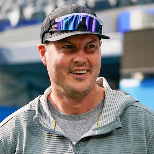 FILE - Former Los Angeles Chargers quarterback Philip Rivers watches warmups before an NFL football game between the Chargers and the Denver Broncos, Dec. 10, 2023, in Inglewood, Calif. (AP Photo/Ryan Sun, File)