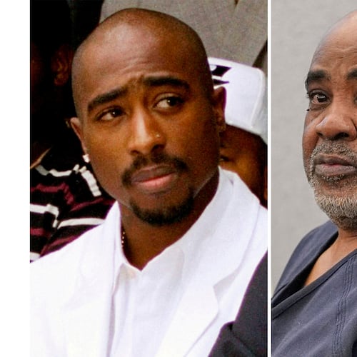 Rapper Tupac Shakur attends a voter registration event in South Central Los Angeles on Aug. 15, 1996, left, and Duane "Keffe D" Davis appears in District Court for his involvement in the 1996 killing of Shakur in Las Vegas on Feb. 18, 2025. (AP Photo)