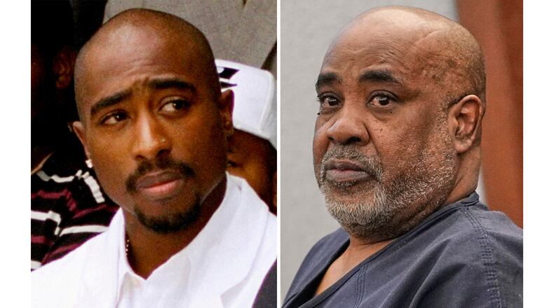 Rapper Tupac Shakur attends a voter registration event in South Central Los Angeles on Aug. 15, 1996, left, and Duane "Keffe D" Davis appears in District Court for his involvement in the 1996 killing of Shakur in Las Vegas on Feb. 18, 2025. (AP Photo)