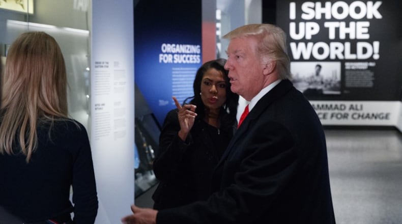 President Trump, with his Omarosa Manigault, director of communications for the Office of Public Liaison, tour the National Museum of African American History and Culture. Alveda King (not pictured) was part of the delegation.