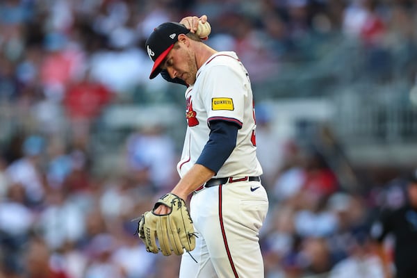 Atlanta Braves pitcher Bryce Elder reacts in the fourth inning of a baseball game against the Los Angeles Angels, Thursday, July 3, 2025, in Atlanta. (AP Photo/Colin Hubbard)