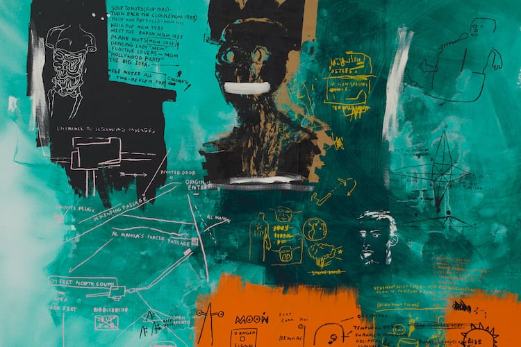 The High Museum of Art exhibition “Basquiat, the Blue Ribbon Paintings, and the Art of Reproduction” opens Feb. 19, 2027. It includes Jean-Michel Basquiat's "Blue Ribbon I," 1984, acrylic, oil stick and screen print on canvas, private collection. (© Estate of Jean-Michel Basquiat. Licensed by Artestar, New York.)