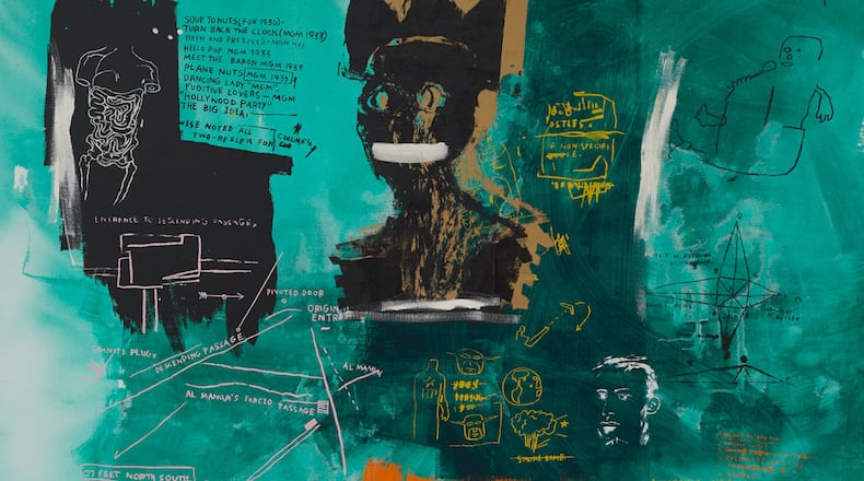 The High Museum of Art exhibition “Basquiat, the Blue Ribbon Paintings, and the Art of Reproduction” opens Feb. 19, 2027. It includes Jean-Michel Basquiat's "Blue Ribbon I," 1984, acrylic, oil stick and screen print on canvas, private collection. (© Estate of Jean-Michel Basquiat. Licensed by Artestar, New York.)