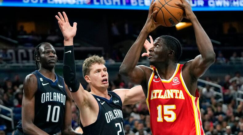 The Hawks will be without Clint Capela for up to two weeks with a right calf strain, the team announced Thursday. (AP Photo/John Raoux)