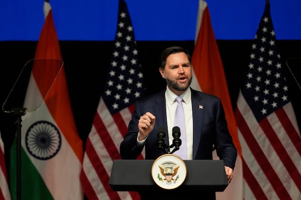 U.S. Vice President JD Vance speaks at the Rajasthan International Center in Jaipur, India, Tuesday, April 22, 2025. (AP Photo/Manish Swarup)