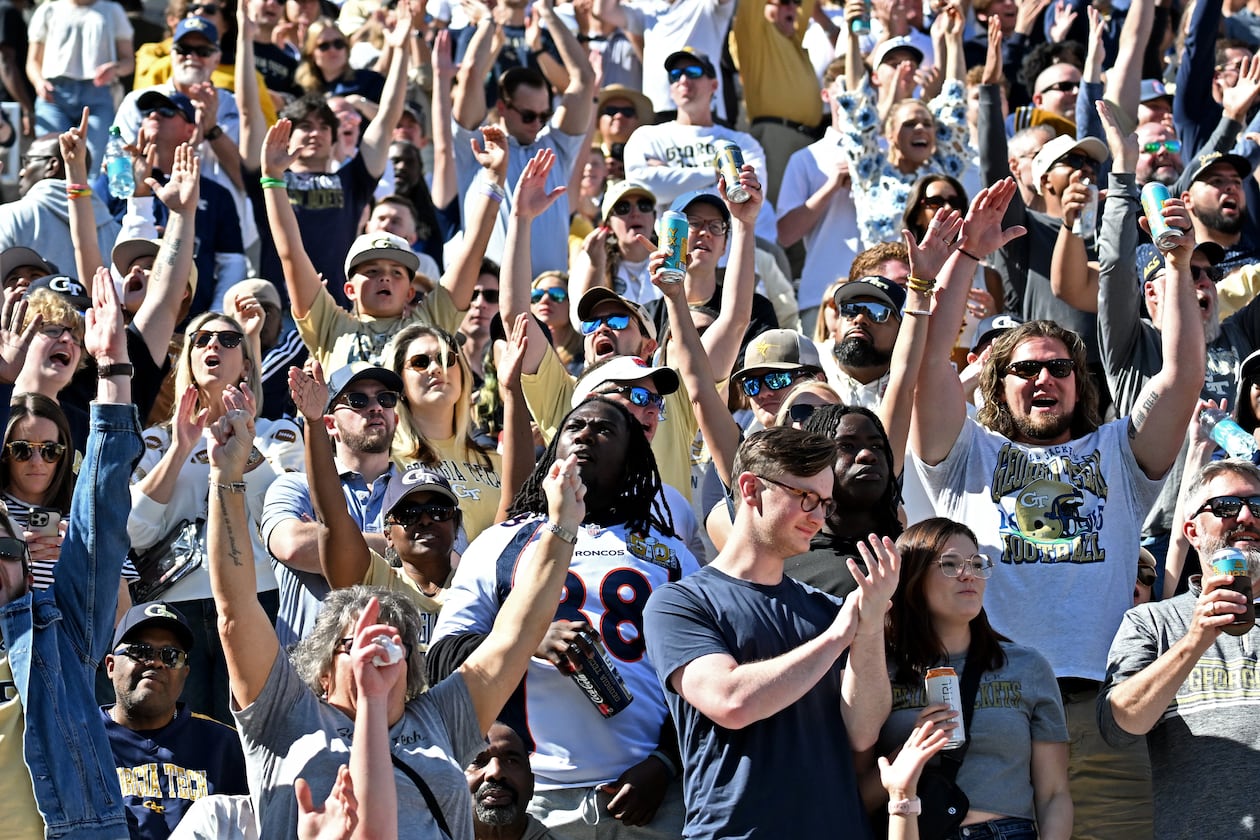Georgia Tech fans cheer during the first half of an NCAA college football game at Bobby Dodd Stadium, Saturday, Oct. 25, 2025, in Atlanta. (Hyosub Shin/AJC)