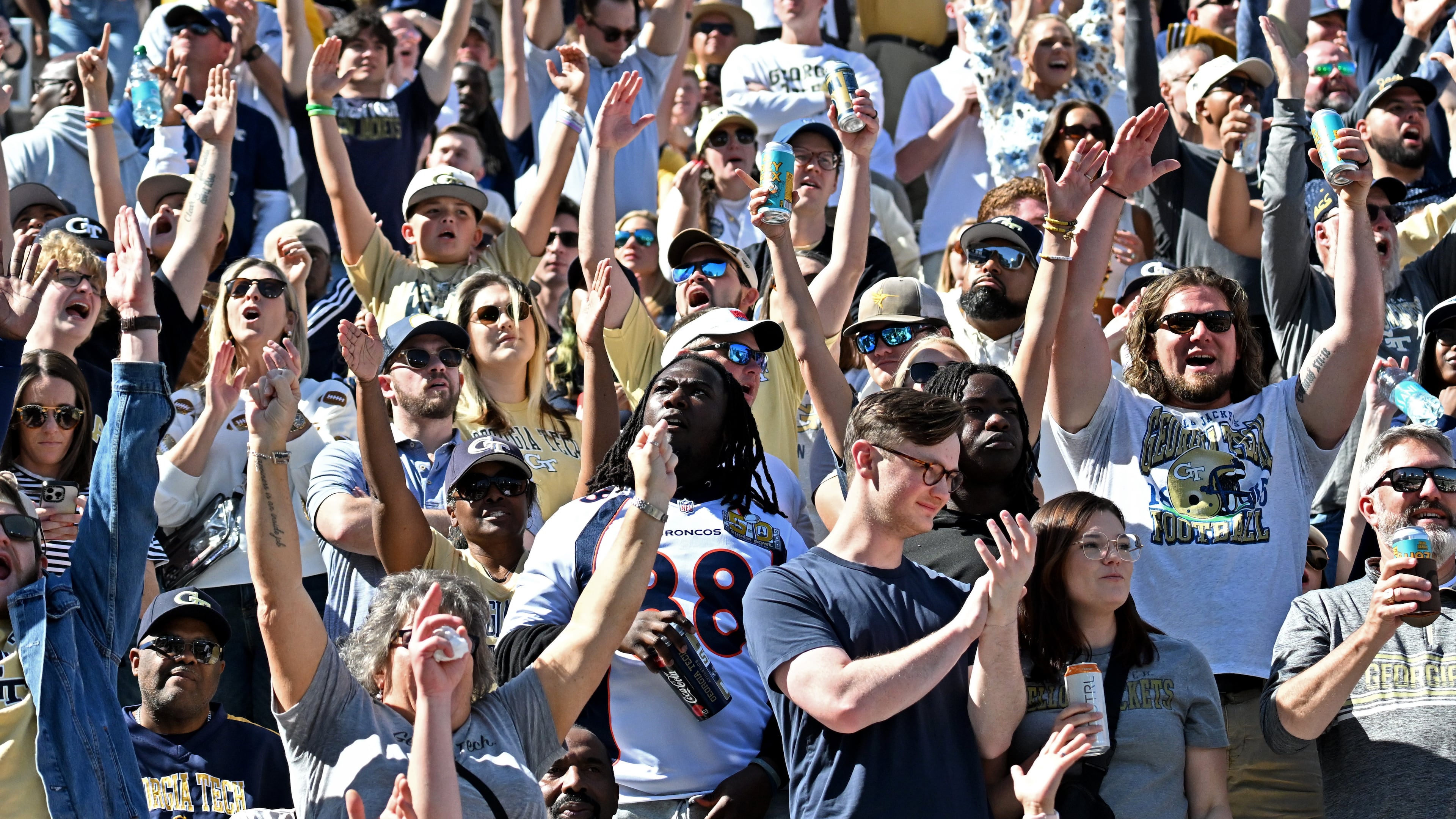 Georgia Tech fans cheer during the first half of an NCAA college football game at Bobby Dodd Stadium, Saturday, Oct. 25, 2025, in Atlanta. (Hyosub Shin/AJC)