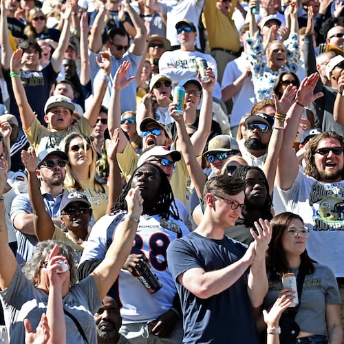 Georgia Tech fans cheer during the first half of an NCAA college football game at Bobby Dodd Stadium, Saturday, Oct. 25, 2025, in Atlanta. (Hyosub Shin/AJC)