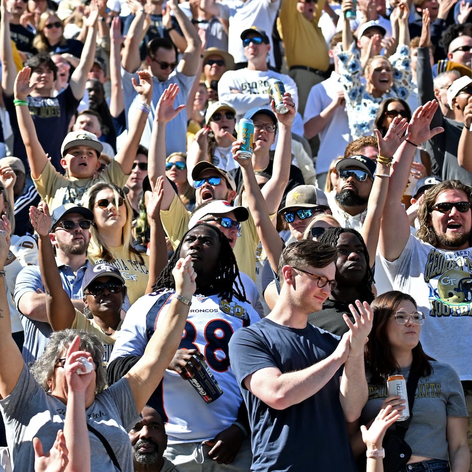 Georgia Tech fans cheer during the first half of an NCAA college football game at Bobby Dodd Stadium, Saturday, Oct. 25, 2025, in Atlanta. (Hyosub Shin/AJC)