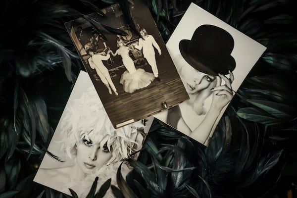 Cabaret photographs of Marie-Pierre Pruvot known as Bambi, one of the first trans women in the world to become a public star, and a pioneer in global LGBTQ+ history, are displayed during an interview with the Associated Press, in Pantin, outside Paris, Thusday, May 20, 2025. (AP Photo/Thomas Padilla)
