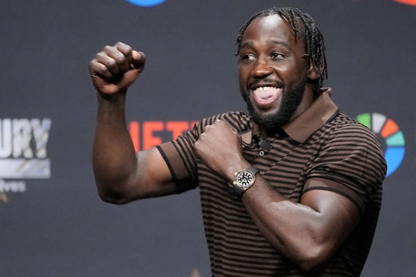 Terence Crawford motions during a news conference Friday, June 27, 2025, in Las Vegas. (AP Photo/John Locher)