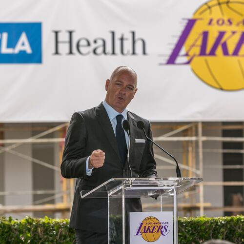 FILE - Los Angeles Lakers Chief Operating Officer Tim Harris speaks in El Segundo, Calif., Aug 31, 2016. (AP Photo/Damian Dovarganes, File)