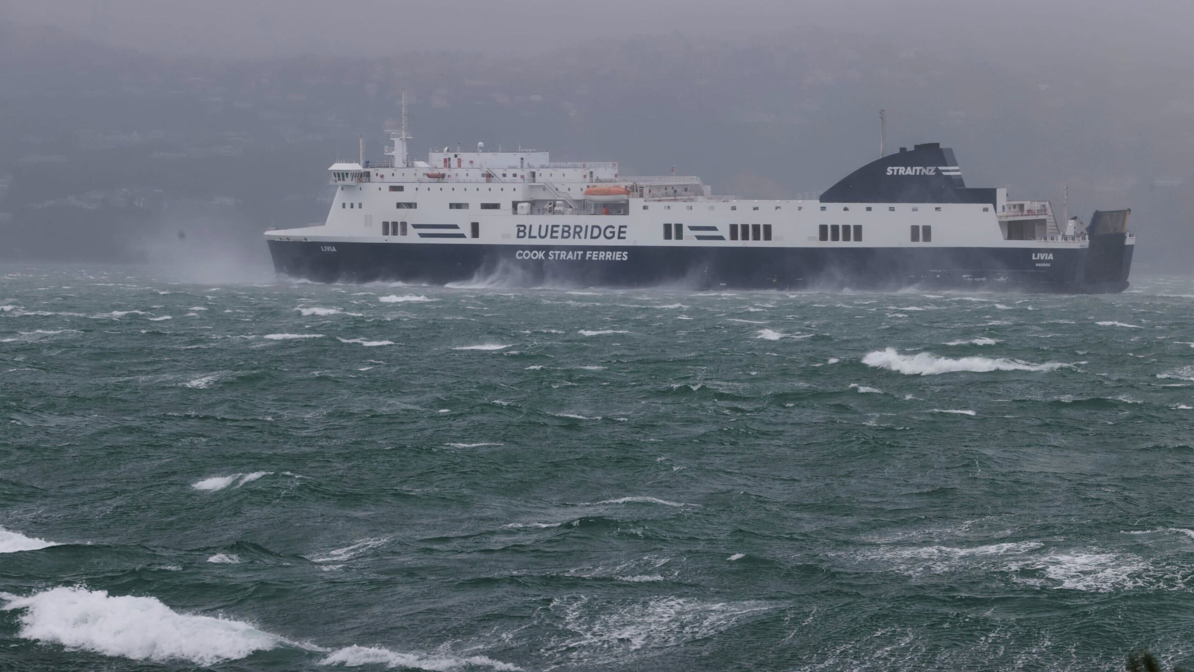 A ferry is battered by high winds in Wellington, New Zealand, Tuesday, Oct. 21, 2025. (Bruce MacKay/STUFF via AP)