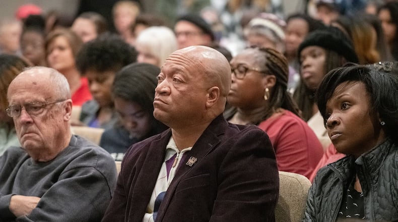 Maj. Craig Owens, who is running for Sheriff of Cobb County, listens during a town hall meeting hosted by the ACLU of Georgia, Cobb County Southern Christian Leadership Conference and La Gente de Cobb to discuss the conditions at the Cobb County Detention Center Monday, Dec. 9, 2019 at Life Church in Marietta, Ga. PHOTO BY ELISSA BENZIE
