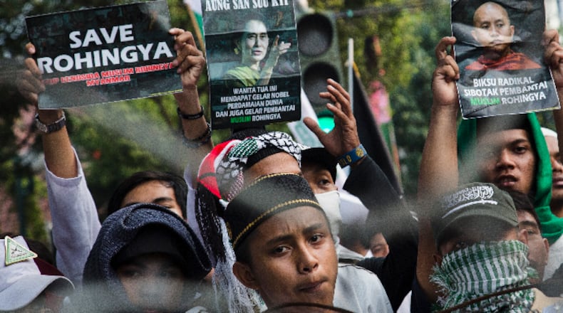Thousands of members of various Indonesian muslim groups demonstrate in support of Myanmar's Rohingya population in front of the Myanmar embassy on September 6, 2017 in Jakarta, Indonesia.
