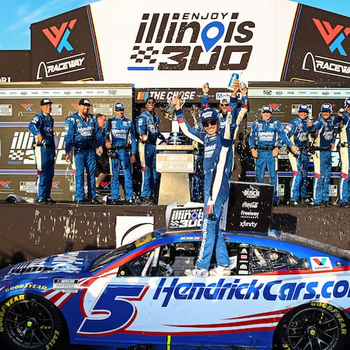 Kyle Larson celebrates after winning a NASCAR Cup Series auto race Sunday, Sept. 13, 2026, in Madison, Ill. (AP Photo/Connor Hamilton)