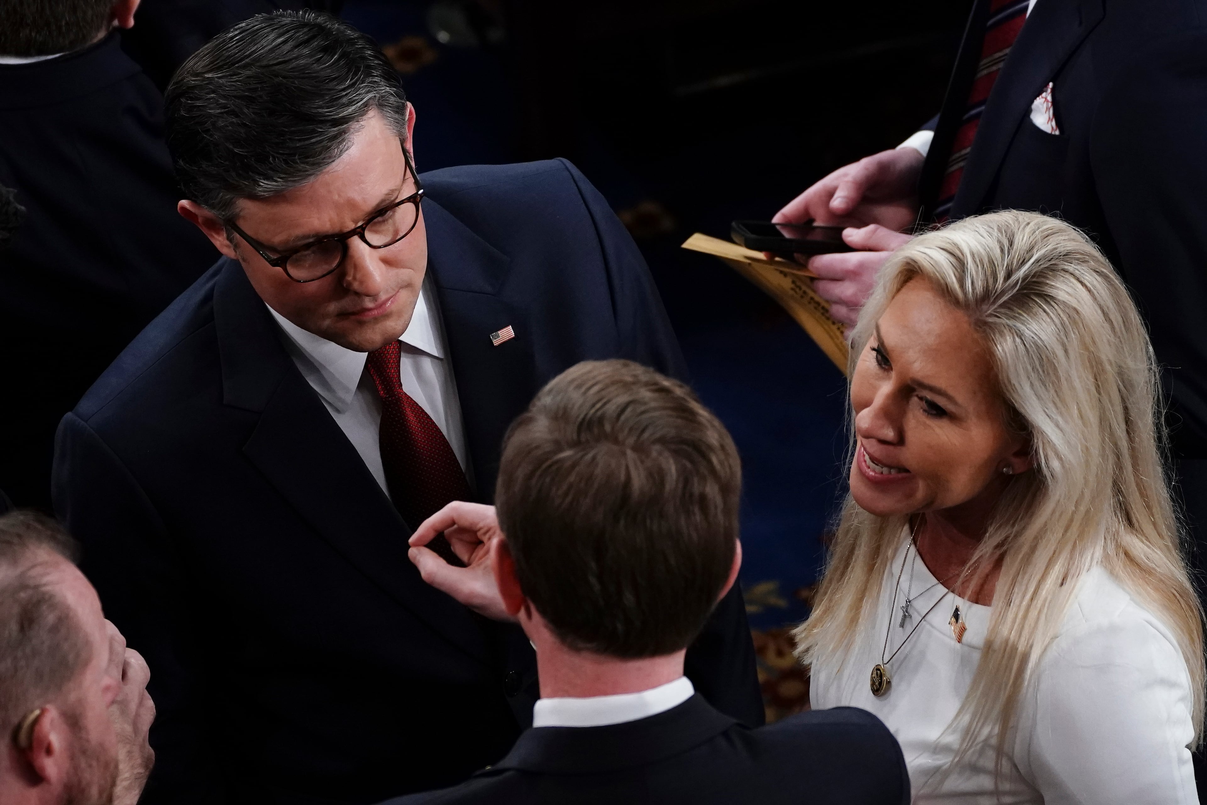 U.S. Rep. Marjorie Taylor Greene (right) made a failed attempt last year to oust House Speaker Mike Johnson (left) from office. (Haiyun Jiang/The New York Times)