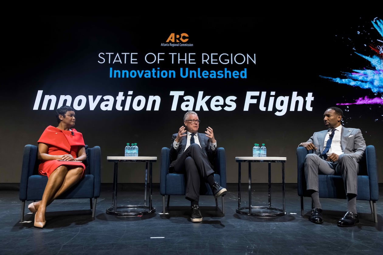 Delta CEO Ed Bastian (center), appears alongside Atlanta Mayor Andre Dickens (right), and Atlanta Regional Commission Executive Director and CEO Anna Roach at the ARC State of the Region event on October 24, 2025 in Atlanta, Ga. (Photo: Courtesy of the Atlanta Regional Commission)