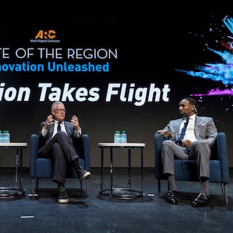 Delta CEO Ed Bastian (center), appears alongside Atlanta Mayor Andre Dickens (right), and Atlanta Regional Commission Executive Director and CEO Anna Roach at the ARC State of the Region event on October 24, 2025 in Atlanta, Ga. (Photo: Courtesy of the Atlanta Regional Commission)