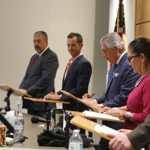 Candidates for governor of New Mexico participate in a public forum in Rio Rancho, N.M., on April 28, 2026, ahead of a June 2 primary election: From left to right, they are Democratic Bernalillo County District Attorney Sam Bregman, Republican businessman Doug Turner; Republican cannabis entrepreneur and health care expert Duke Rodriguez, Democratic former U.S. Interior Secretary Deb Haaland, and Republican former Rio Rancho mayor Gregg Hull. (AP Photo/Morgan Lee)