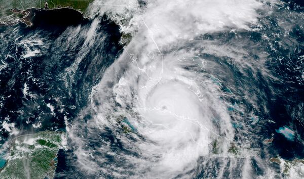 In this geocolor GOES-16 satellite image taken Saturday, Sept. 9, 2017, at 2:30 p.m. EDT, the eye of Hurricane Irma moved northwest just off the coast of Cuba and south of Florida. 