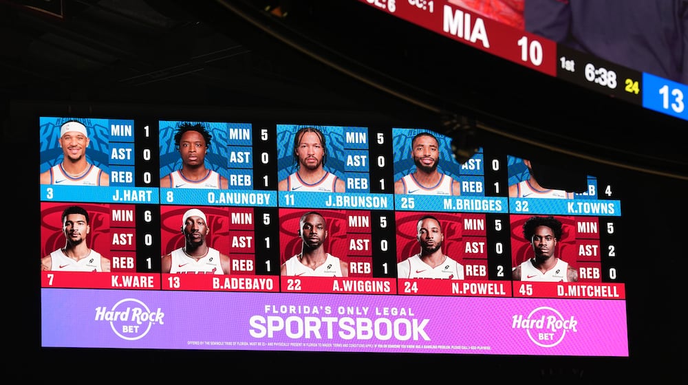 An ad for Hard Rock Bet, a sports betting app, appears during the first half of a game between the Miami Heat and the New York Knicks in October. (Rebecca Blackwell/AP)
