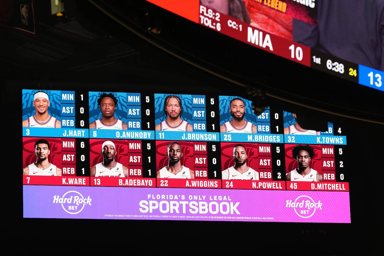 An ad for Hard Rock Bet, a sports betting app, appears during the first half of a game between the Miami Heat and the New York Knicks in October. (Rebecca Blackwell/AP)
