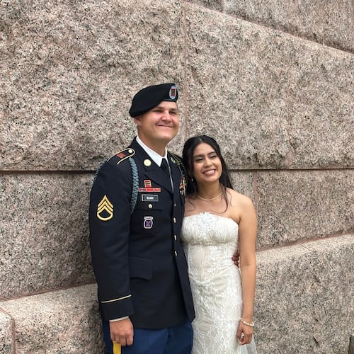 This photo provided by Jen Rickling shows U.S. Army staff sergeant, Matthew Blank, left, and his wife, Annie Ramos, posing for a photo while celebrating their wedding, in March, 2026, in Houston. (Jen Rickling via AP)