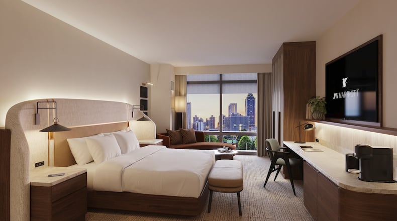 This is a rendering of the JW Marriott Atlanta Downtown, a rebrand of the former W Atlanta Downtown that will open in spring 2026. (Courtesy of Stonebridge Companies)