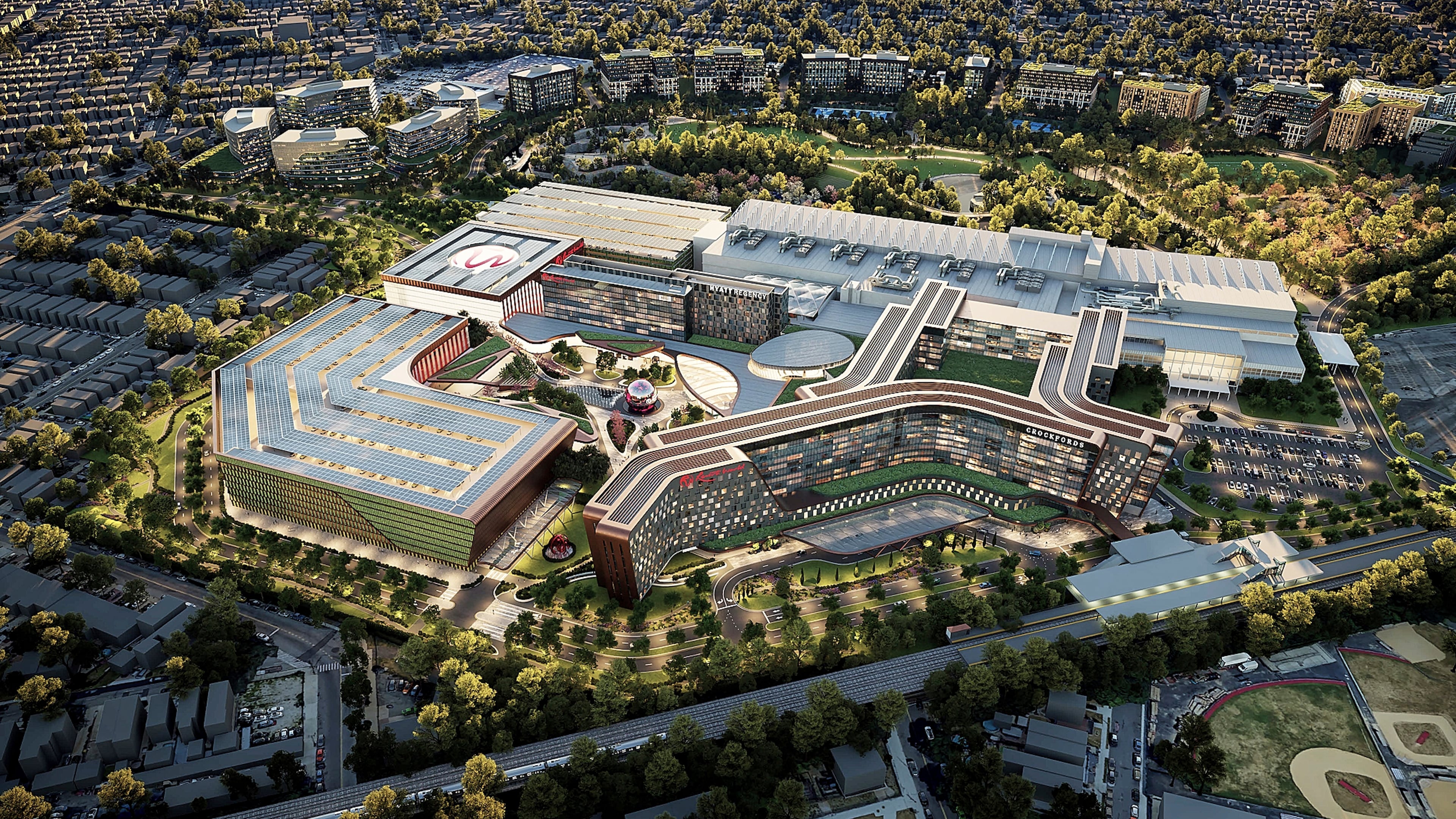 FILE - This image rendering from Resorts World shows the Resorts World casino, owned by Malaysian casino giant Genting, a $5.5-billion investment to its gaming facility at the Aqueduct Racetrack in the Queens borough of New York. (Resorts World via AP, File)