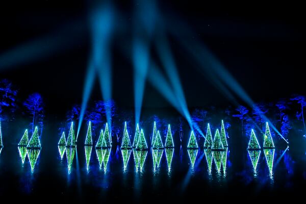 The lake at Callaway Gardens reflects the tree lights during Fantasy in Lights, doubling the illuminating effect. Courtesy of Callaway Gardens