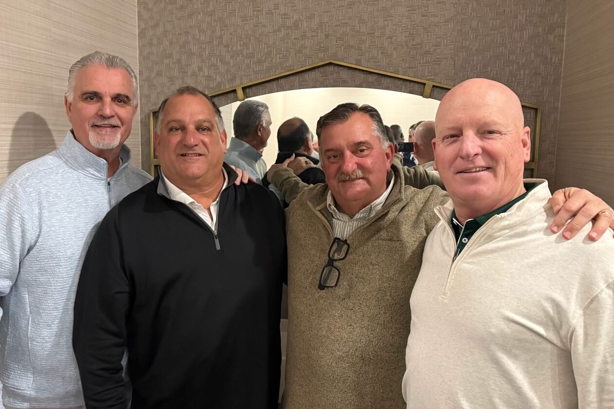 Three St. Pius teammates have gone on to win 200-plus games in their careers: (2nd from left to right) Keith Maloof, Paul Standard and Ed Dudley. (Also shown is retired former LaGrange coach Steve Pardue). Maloof, Standard and Dudley were all members of the St. Pius Class of 1980 and have had long, distinguished coaching careers. Maloof, since retired, won two state titles at Norcross. Standard is currently coaching at Gilmer, and Dudley is at Blessed Trinity. (Courtesy of Keith Maloof)