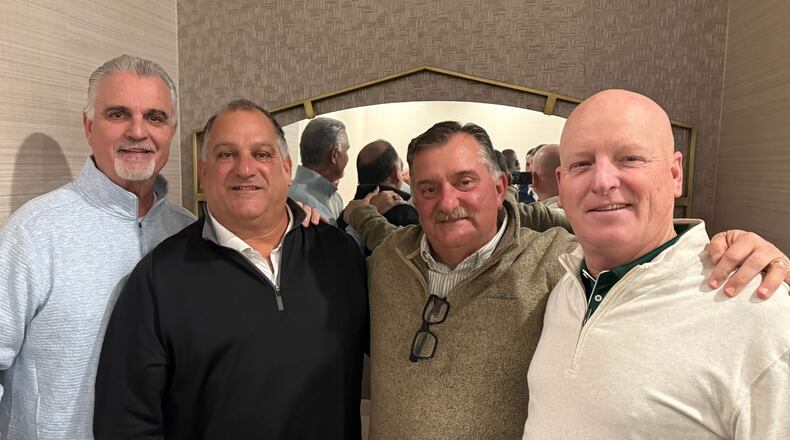 Three St. Pius teammates have gone on to win 200-plus games in their careers: (2nd from left to right) Keith Maloof, Paul Standard and Ed Dudley. (Also shown is retired former LaGrange coach Steve Pardue). Maloof, Standard and Dudley were all members of the St. Pius Class of 1980 and have had long, distinguished coaching careers. Maloof, since retired, won two state titles at Norcross. Standard is currently coaching at Gilmer, and Dudley is at Blessed Trinity. (Courtesy of Keith Maloof)