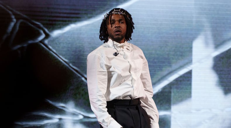 Kendrick Lamar performs at the Glastonbury Festival in Worthy Farm, Somerset, England, Sunday, June 26, 2022. (AP Photo/Scott Garfitt)