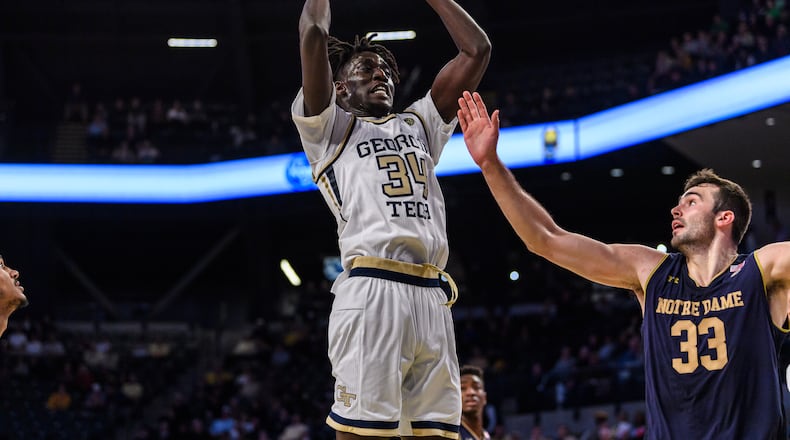 Georgia Tech forward Abdoulaye Gueye scored 13 points with eight rebounds in the Yellow Jackets' 63-61 win over Notre Dame January 22, 2019 at McCamish Pavilion. (Danny Karnik/Georgia Tech Athletics)