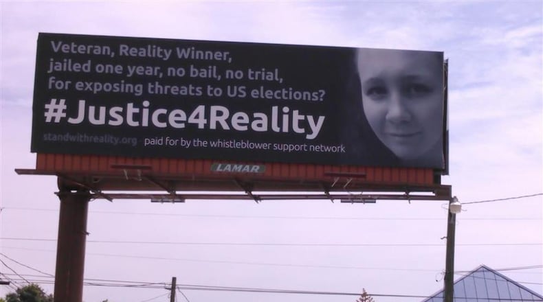 Whistleblower Support Network paid more than $1,000 for this billboard to remain up for a month on Washington Road near Augusta. “The way Reality Leigh Winner is being treated is a matter of vital public interest,” the group said in a statement. “This case is important to the American people.” LAMAR OUTDOOR ADVERTISING