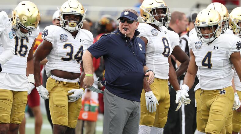 Notre Dame head coach Brian Kelly before the Camping World Bowl against Iowa State at Camping World Stadium in Orlando, Fla., on Dec. 28, 2019. (Stephen M. Dowell/Orlando Sentinel)