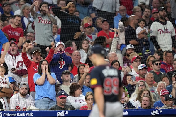 Fans react as Atlanta Braves pitcher Spencer Strider is pulled during the fifth inning of a baseball game against the Philadelphia Phillies Tuesday, May 27, 2025, in Philadelphia. (AP Photo/Matt Slocum)