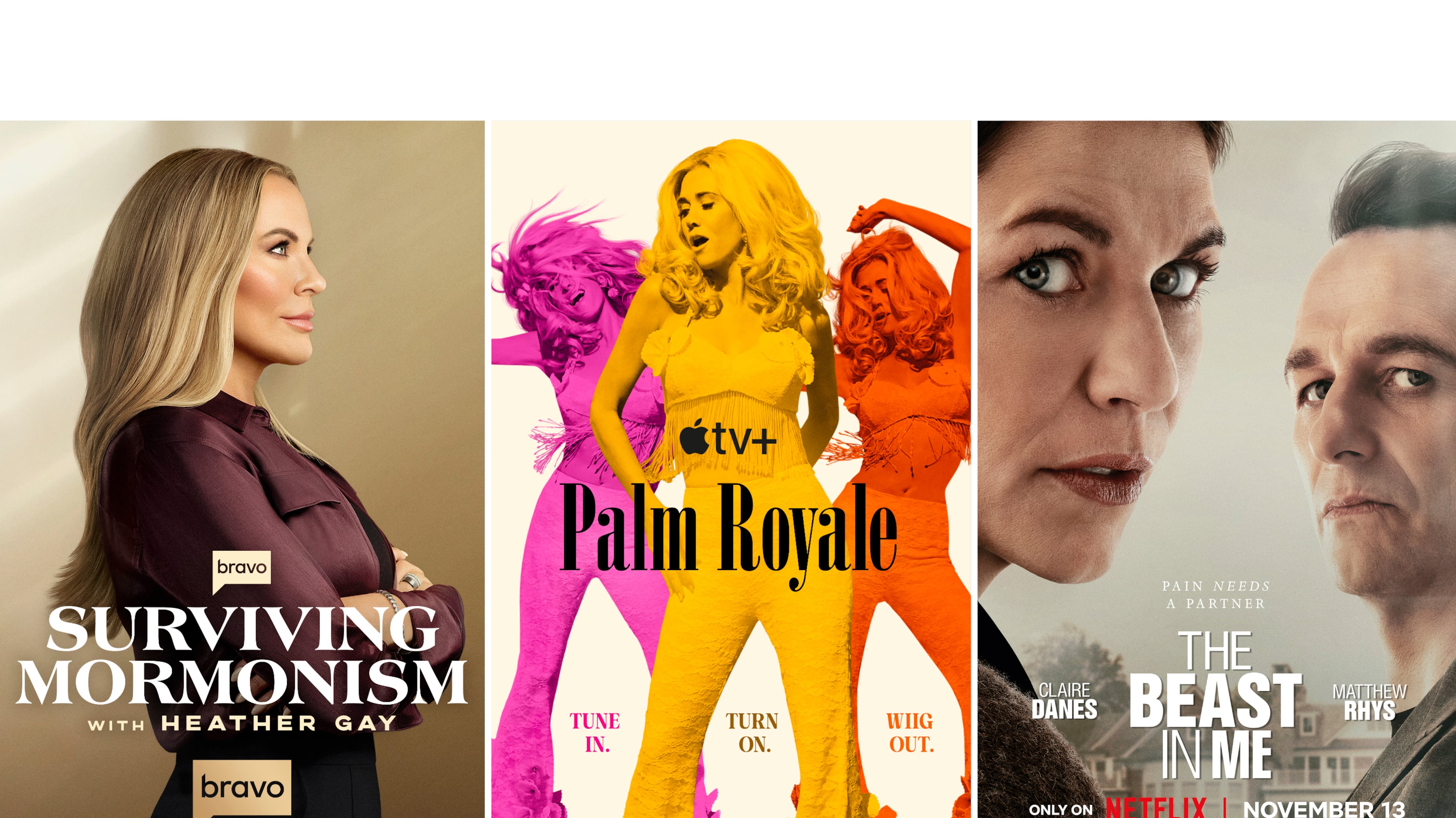 This combination of photos shows "Surviving Mormonism with Heather Gray," left, "Palm Royale," center, and "The Beast in Me." (Bravo/Apple TV+/Netflix via AP)
