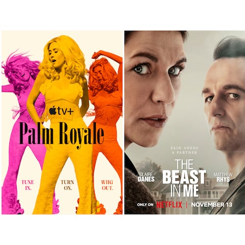 This combination of photos shows "Surviving Mormonism with Heather Gray," left, "Palm Royale," center, and "The Beast in Me." (Bravo/Apple TV+/Netflix via AP)