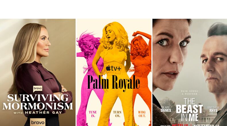 This combination of photos shows "Surviving Mormonism with Heather Gray," left, "Palm Royale," center, and "The Beast in Me." (Bravo/Apple TV+/Netflix via AP)